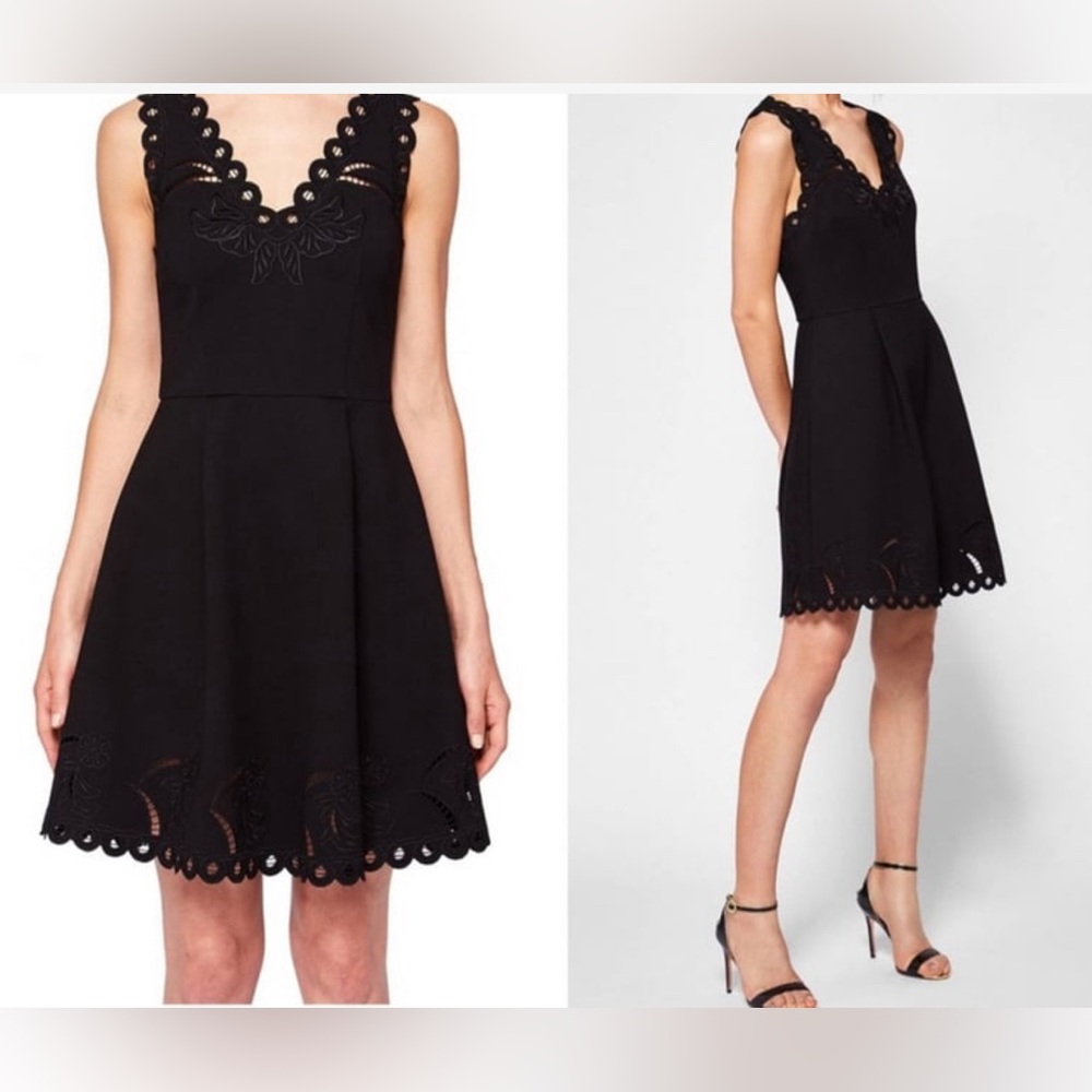 Ted Baker Emalise V-Neck Sleeveless Flared Knee Length Dress in Black | …